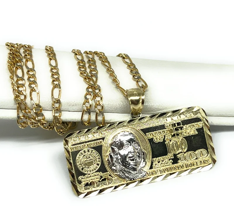 10k Solid Gold 2-Tone 100 Dollar Bill Pendant Necklace