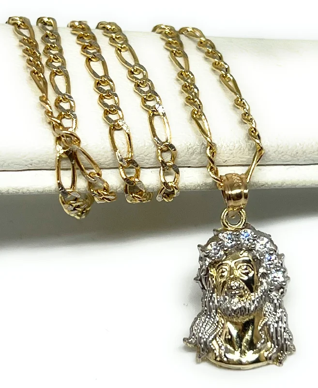 10k Solid Gold 2-Tone Jesus Face CZ Pendant Necklace