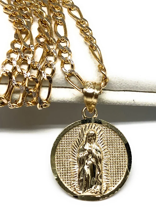 10k Solid Gold Yellow Virrgin Mary Virrgen Guadalupe Round Pendant Figaro Chain (SMALL)