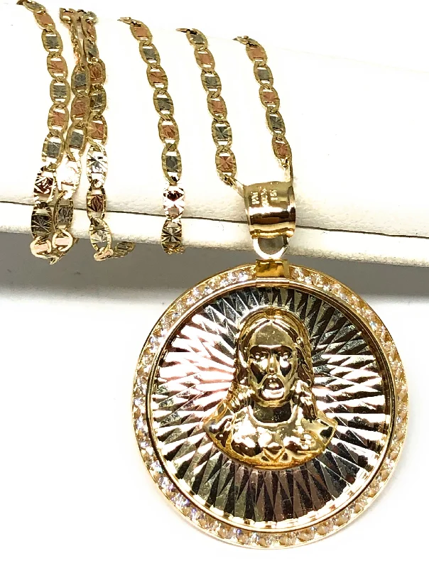 14k Solid Gold Tri-Color Jesus Sagrado Corazon Round Pendant Necklace Valentina Chain