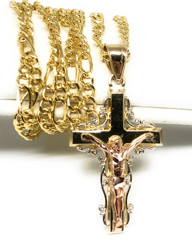 14k Solid Gold Yellow & Rose 2-Tone Jesus Cross Crucifix Pendant Necklace