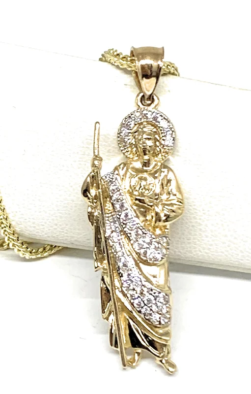 14k Solid Gold Yellow White CZ Saan Judas Saaint Jude Pendant with Chain Optional (SM)