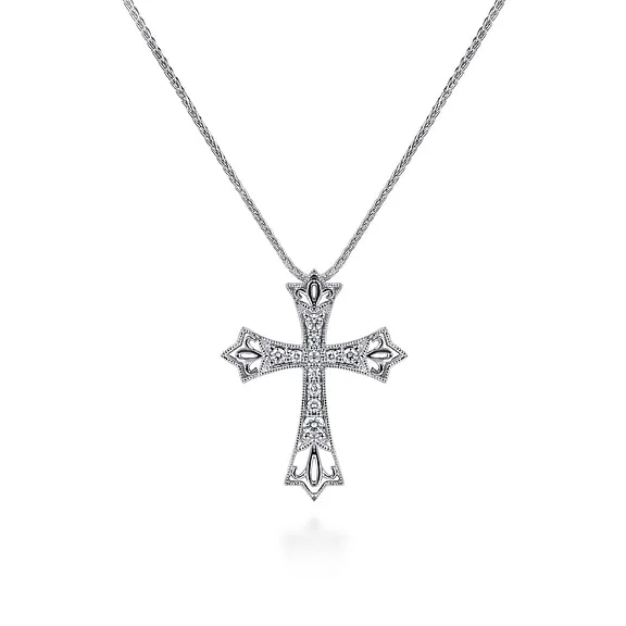 14K White Gold Intricate Openwork Diamond Cross Necklace