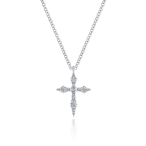 14K White Gold Sculpted Diamond Cross Pendant Necklace