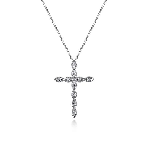 14K White Gold Segmented Diamond Cross Necklace