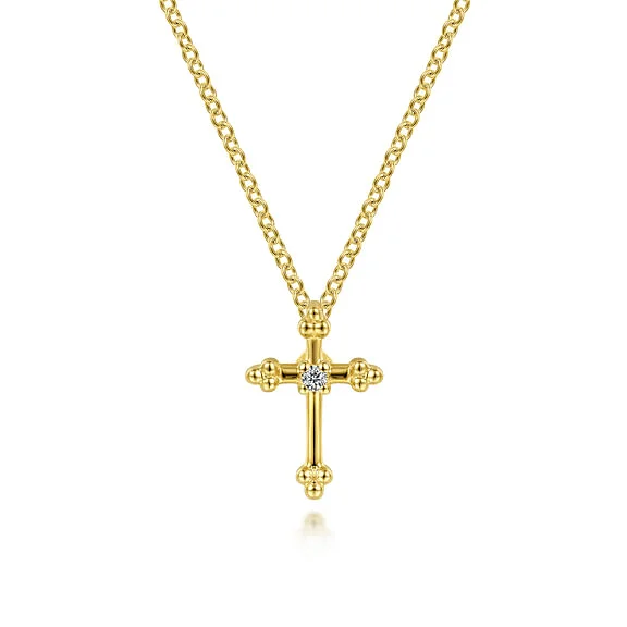 14K Yellow Gold Beaded Diamond Cross Pendant Necklace