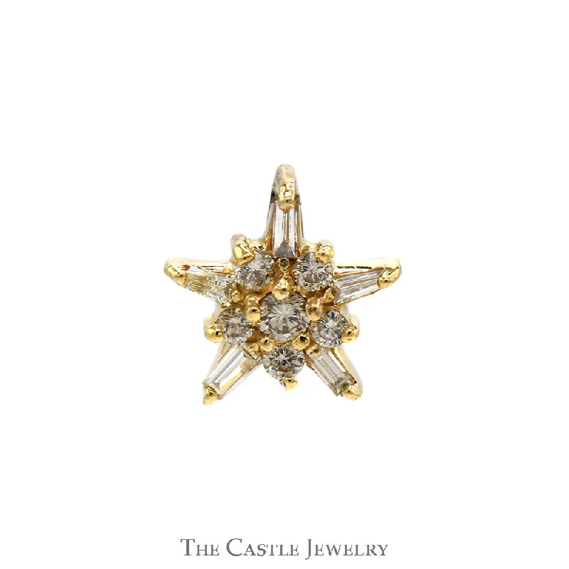 .15cttw Round and Baguette Cut Diamond Starburst Cluster Pendant in 10k Yellow Gold