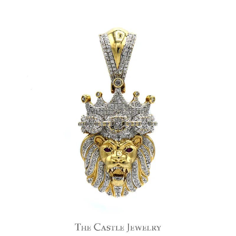 1cttw Pave Set Diamond Lion Head Pendant with Ruby Eyes in 10k Yellow Gold