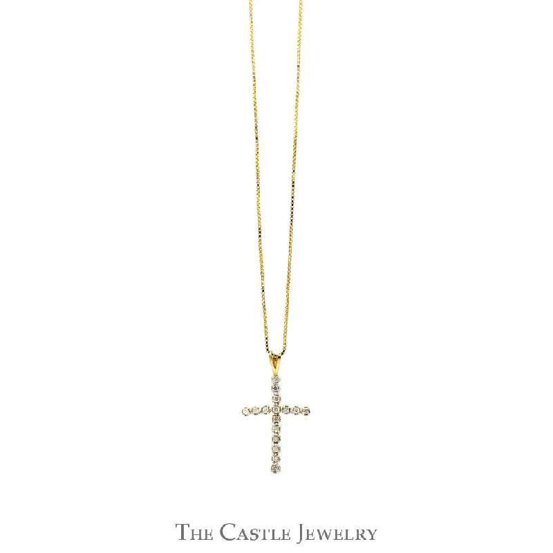 .38cttw Round Diamond Cross Pendant on 20" Box link Chain in 14k Yellow Gold