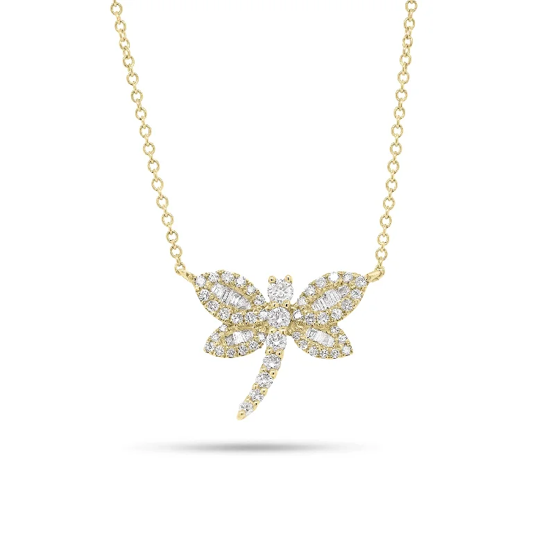 Baguette & Round Diamond Dragonfly Pendant Necklace