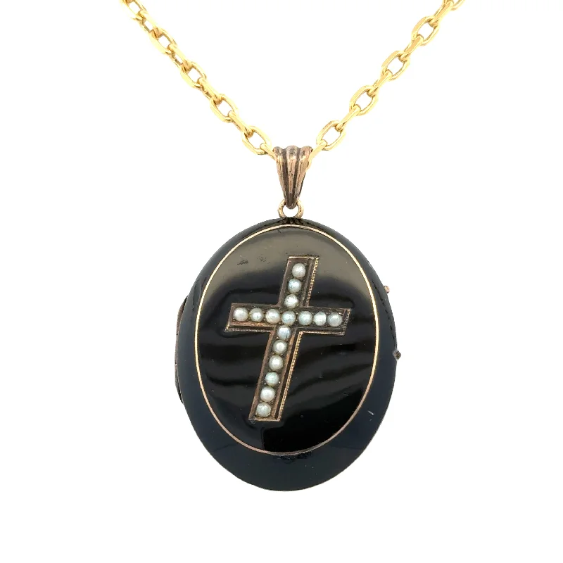 diamond tennis bracelet real Antique Black Enamel Pearl Cross Locket