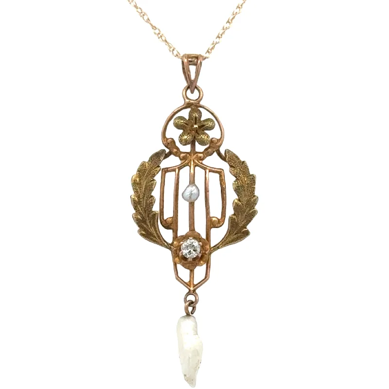 thin silver chain necklace Antique Pearl and Diamond Pendant