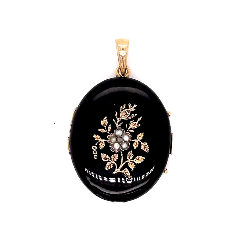 BLACK ENAMEL PEARL FLOWER LOCKET