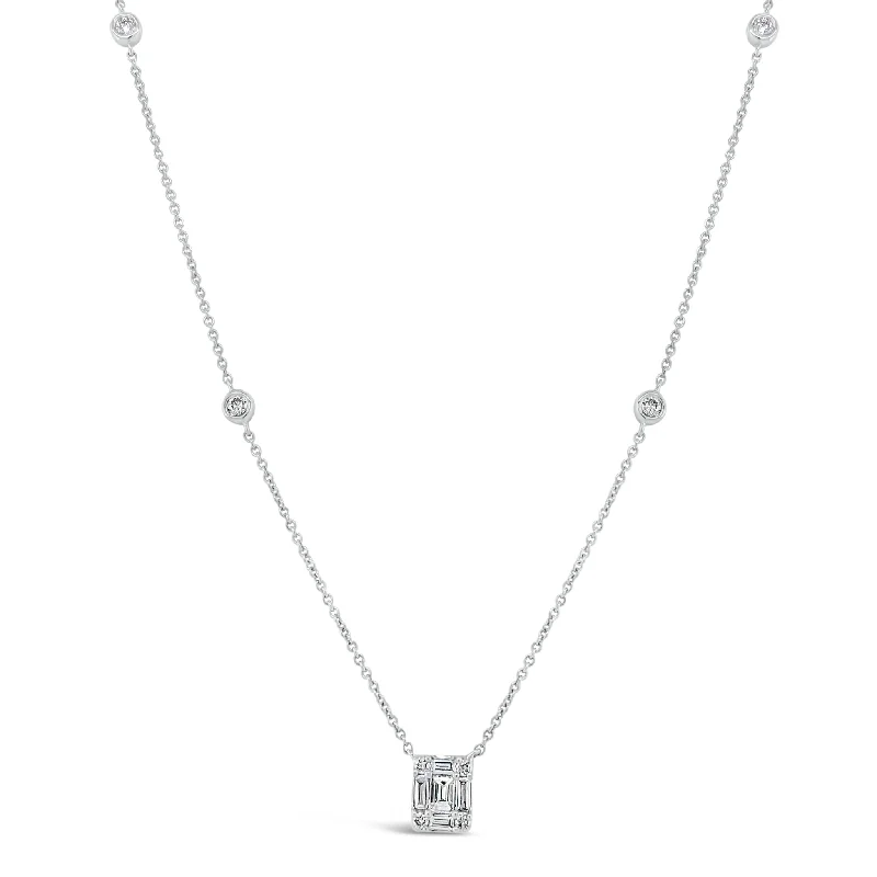 Diamond Rectangle Pendant with Bezel-Set Diamond Stations