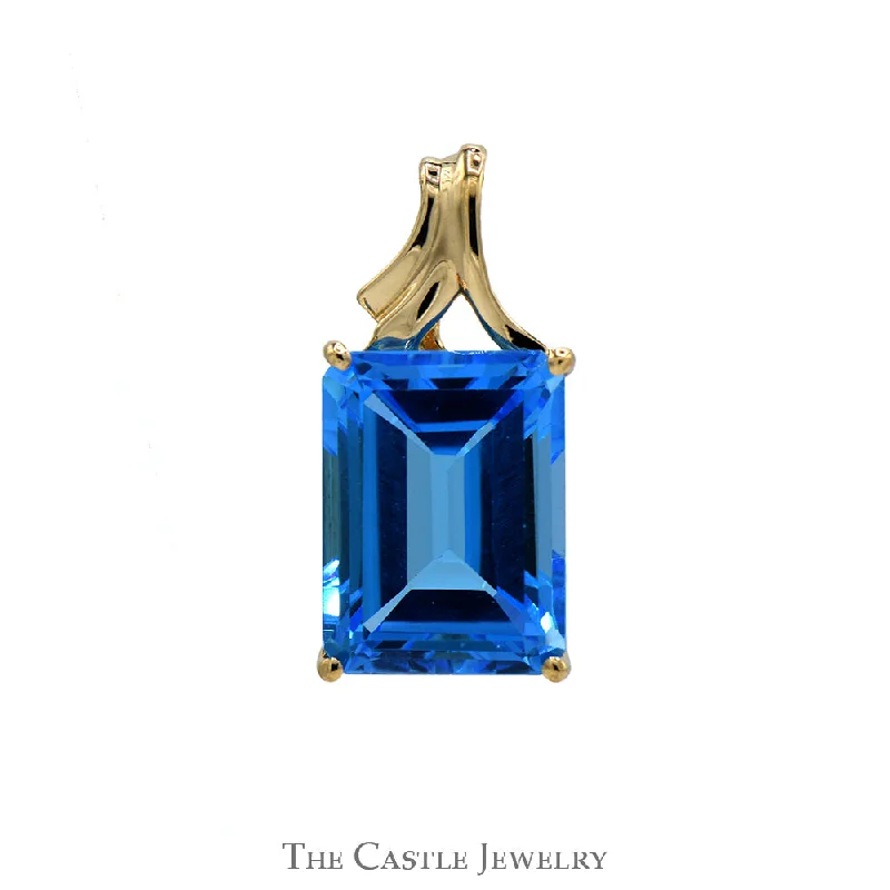 Emerald Cut Blue Topaz Pendant with Curved Bail in 10k Yellow Gold