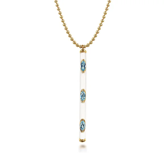 Enamel - 14K Yellow Gold Blue Topaz Bar Necklace with White Enamel