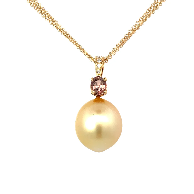 GOLDEN SOUTH SEA PEARL ORANGE SAPPHIRE AND DIAMOND NECKLACE