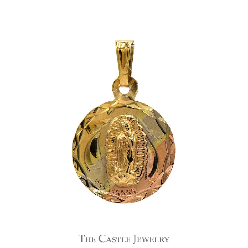 Mother Mary Disc Charm Pendant in 14k Tri Gold Yellow White and Rose Gold