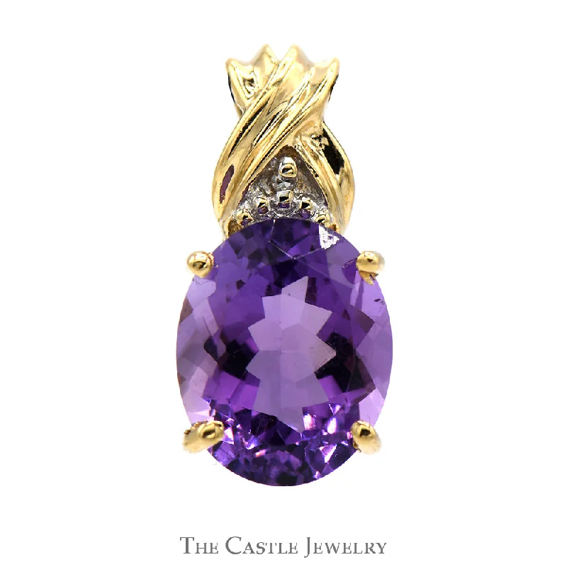 Oval Amethyst Pendant with Diamond Accents in Twisted 10k Yellow Gold Setting