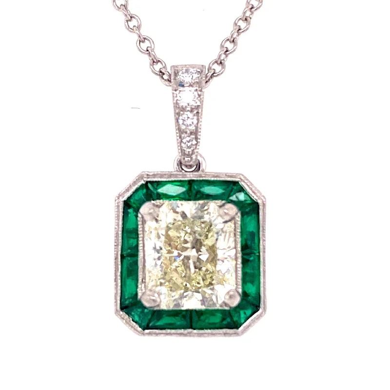 unique emerald green ring RADIANT CUT DIAMOND PENDANT WITH EMERALD BORDER