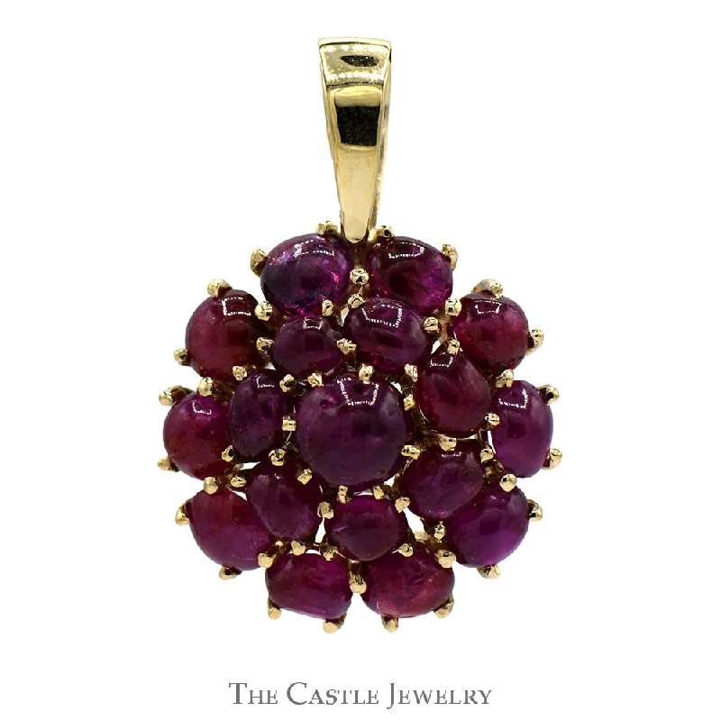 Round Shaped Cabochon Ruby Cluster Pendant in 14k Yellow Gold