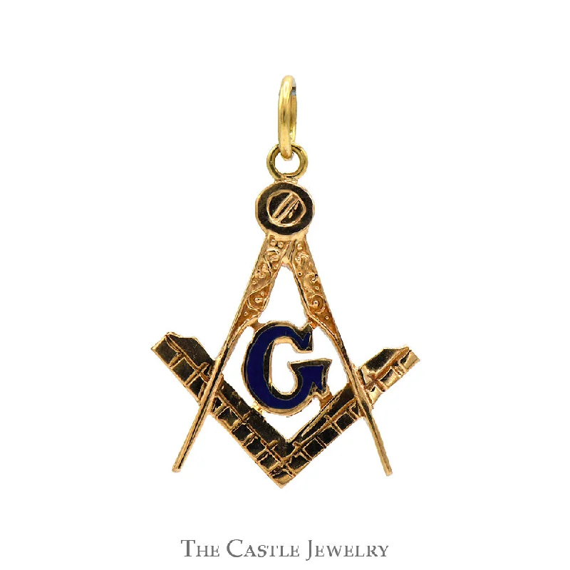 Square & Compass Masonic Charm Pendant with Blue Enamel Detail in 10k Yellow Gold