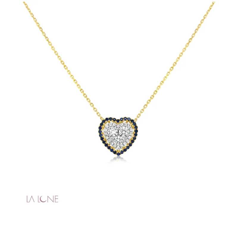 Two-Tone Diamond and Blue Sapphire Halo Heart Pendant - LaLune