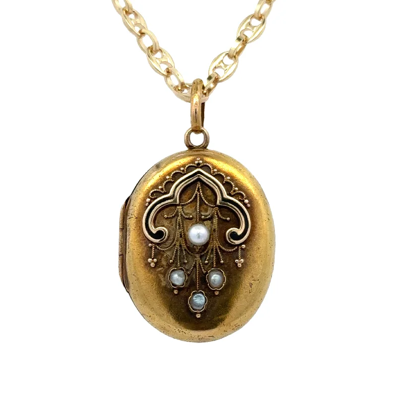 unique promise ring for girlfriend Yellow Gold Pearl and Enamel Locket