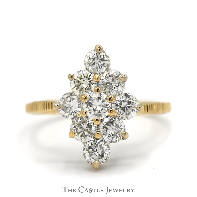 elegant marquise diamond ring 1.75cttw Marquise Shaped Diamond Cluster Ring with Notched Sides in 14k Yellow Gold