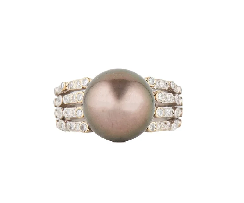 12.5MM Black Tahitian Pearl and 0.50ctw Diamond Four Row Ring in 18K