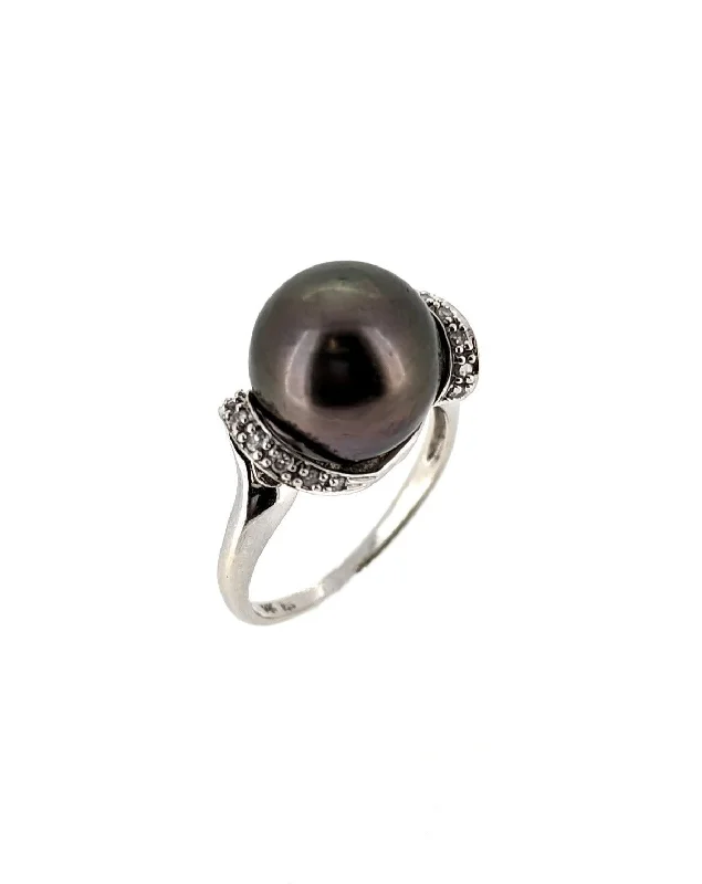 14K White Gold Black Tahitian Pearl Diamond Ring