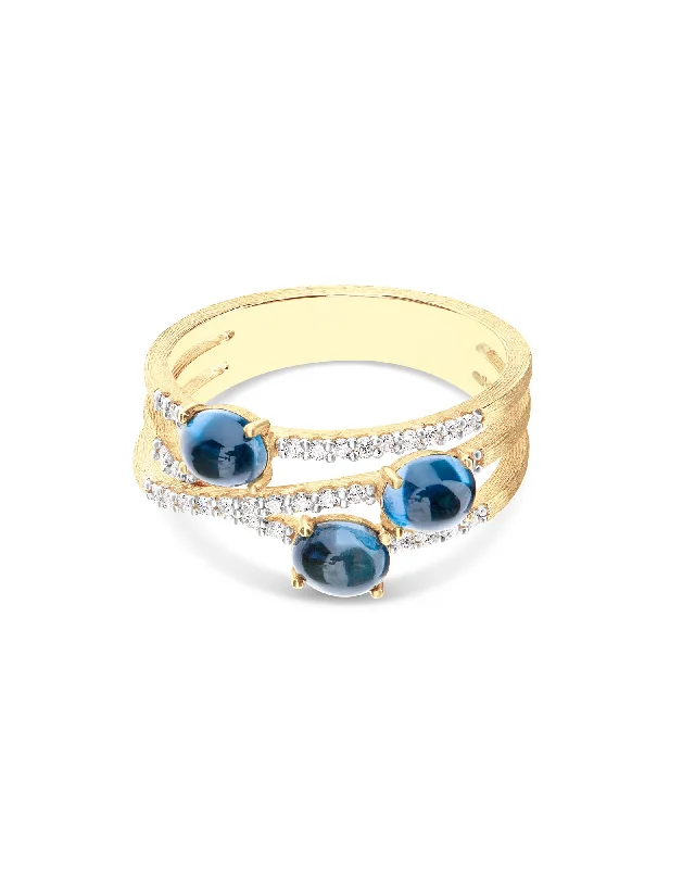 "Azure" Gold, diamonds and London Blue Topaz cross over ring