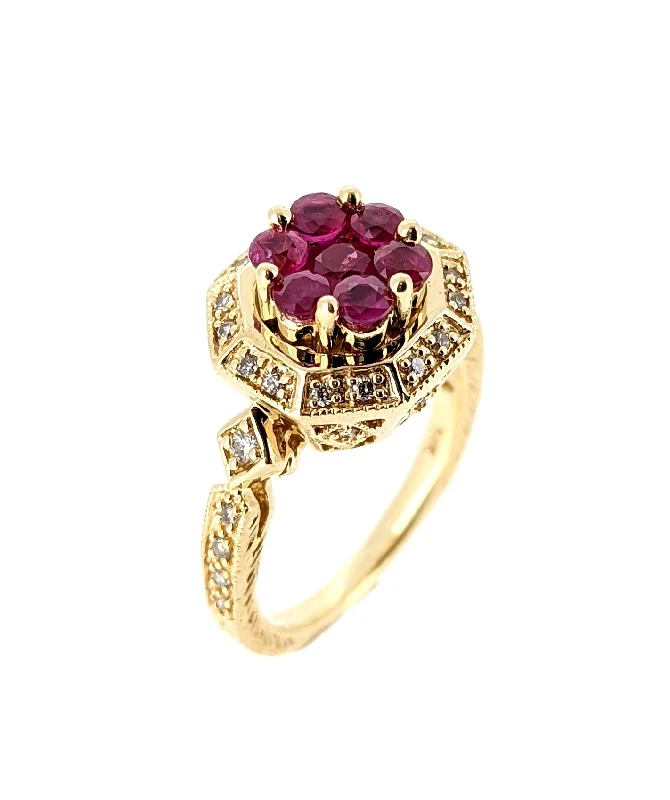 EFFY 14k Yellow Gold Diamond & Ruby Cocktail Ring Size 6.75