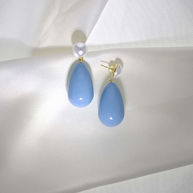 Drop Baby Blue & White Gold Plated Earrings w. Pearls