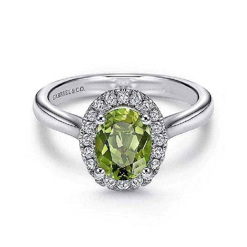 Gabriel & Co. 14k White Gold Classic Oval Peridot And Diamond Halo Ring