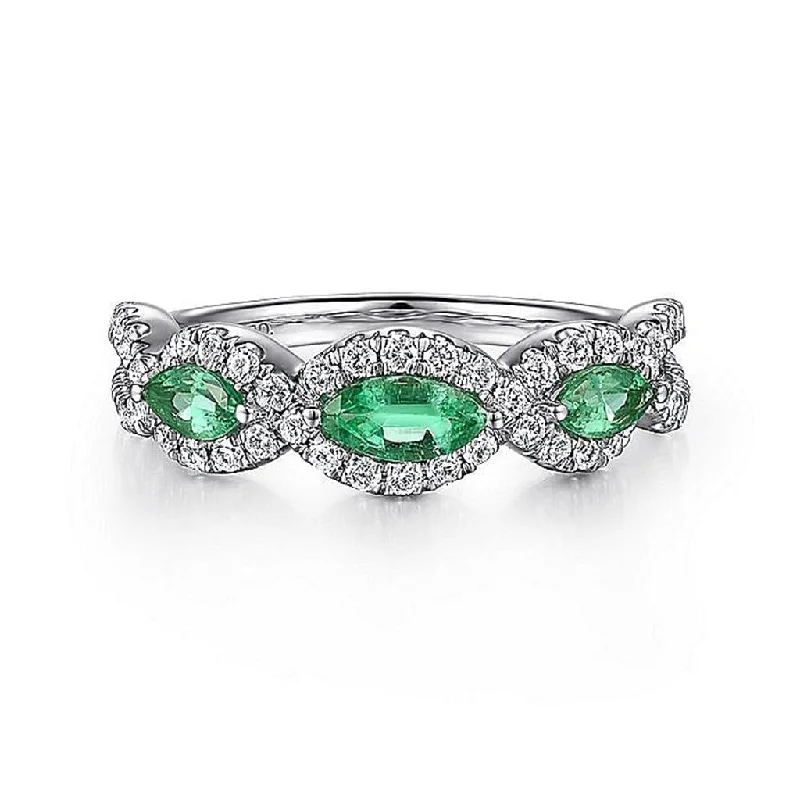 Gabriel & Co. 14K White Gold Twisted Diamond Rows and Emerald Marquise Stones Ring