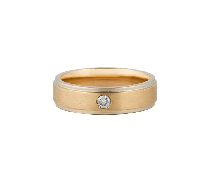 Gents 0.10ct Diamond Two Tone Solitaire Burnished Band Ring in 14K