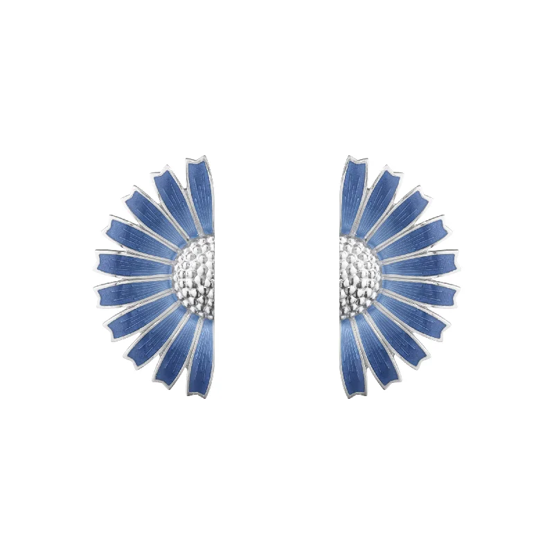 Daisy Half Flower Silver Earrings w. Blue Enamel