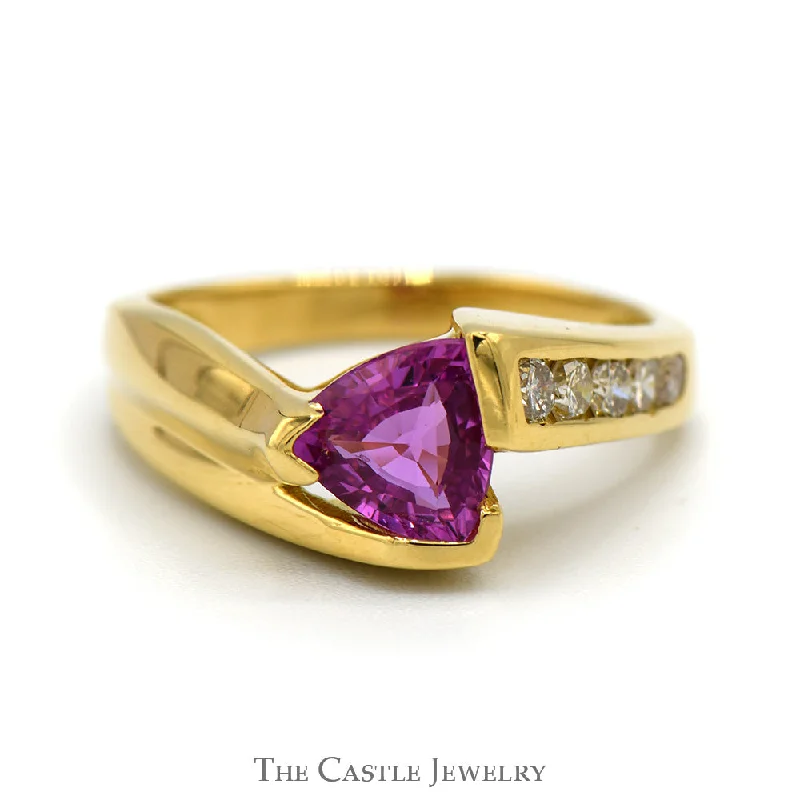 Le Vian Trillion Cut Pink Sapphire Ring with Channel Set Diamond Accents in 18k Yellow Gold Bypass Mounting