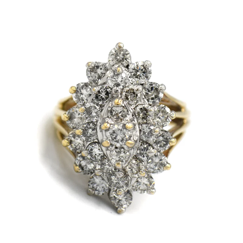 Marquise Shaped 2.5ctttw Round Diamond Cluster Ring with Split Shank Sides in 14k Yellow Gold