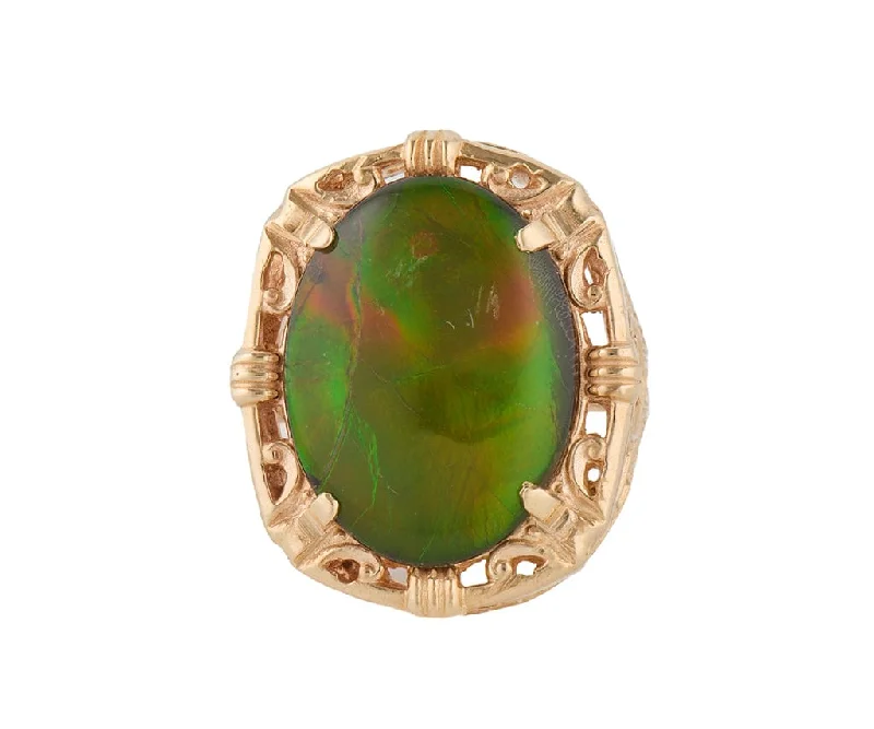 Oval Ammolite Solitaire Cocktail Ring in 14K