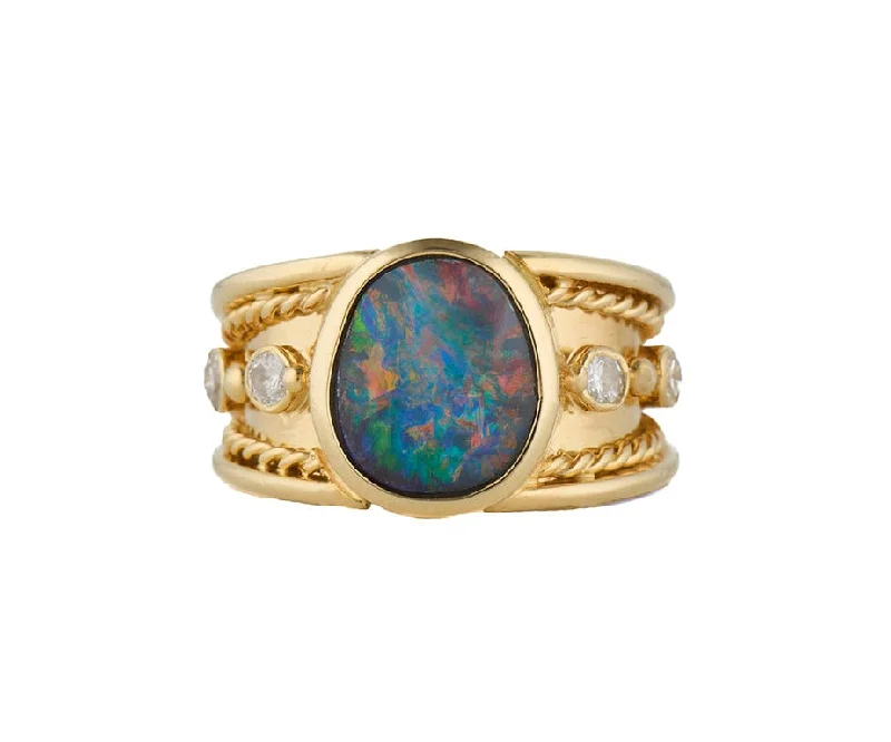 Oval Black Opal and 0.50ctw Diamond Bezel Set Etruscan Style Ring in 18K