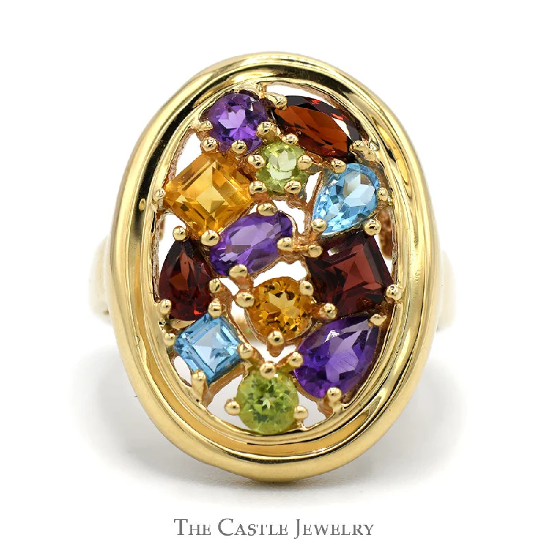 Oval Shaped Multi-Gemstone Cluster Ring in 10k Yellow Gold