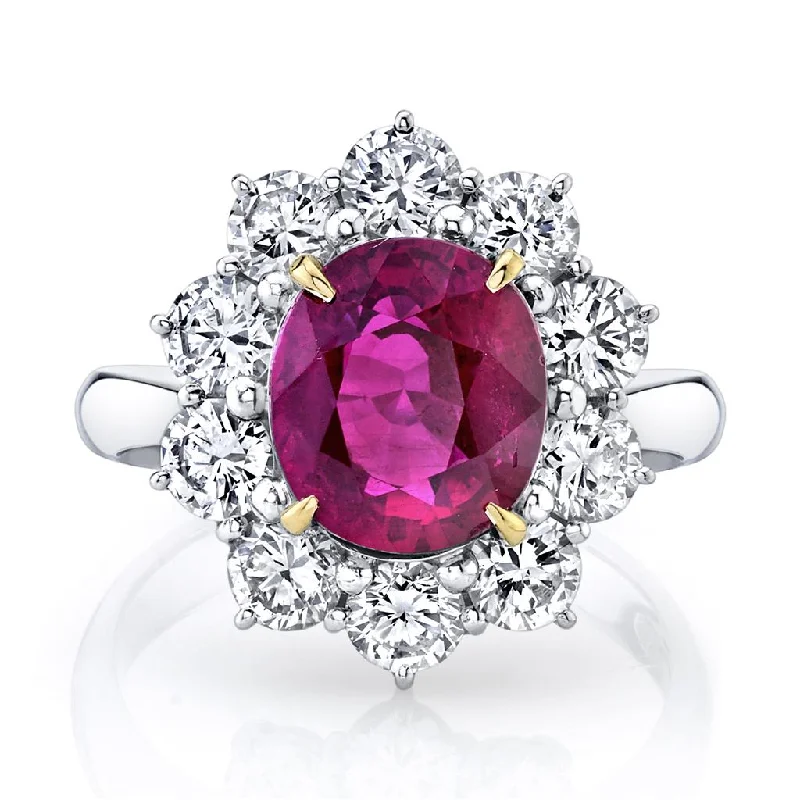 Platinum and 18k Yellow Gold 4.09ct Ruby and Diamond Halo Ring