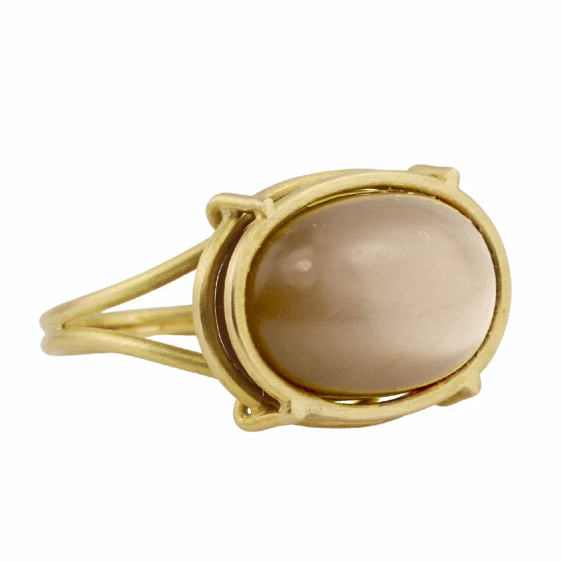 personalized coordinates ring custom Chocolate Cabochon Moonstone in 18 Karat Yellow Gold Cage Setting