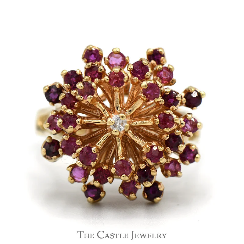 Ruby Starburst Cluster Ring with Diamond Accent in 10k Yellow Gold