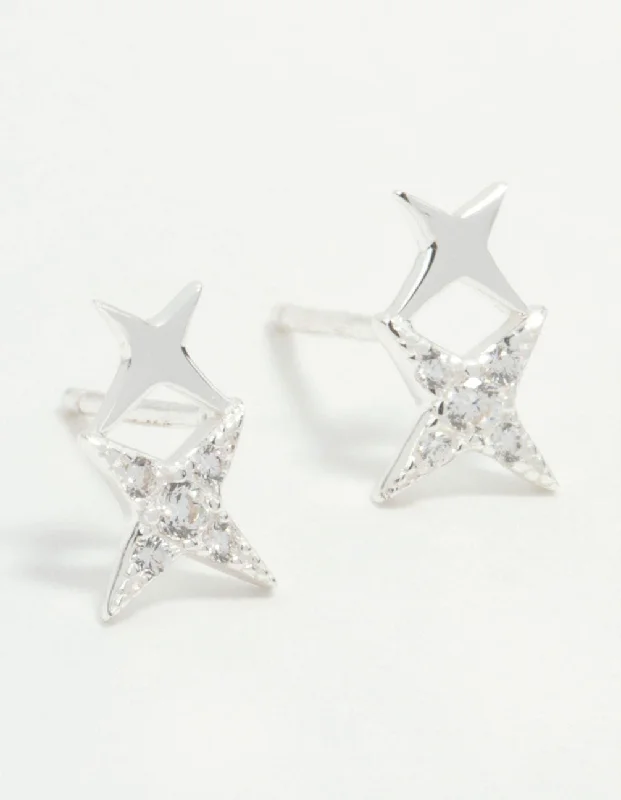 dainty gemstone choker necklace Sterling Silver Cubic Zirconia Double Star Stud Earrings