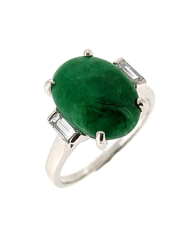 Vintage Untreated Jadeite Jade Ring W/Diamond Accents