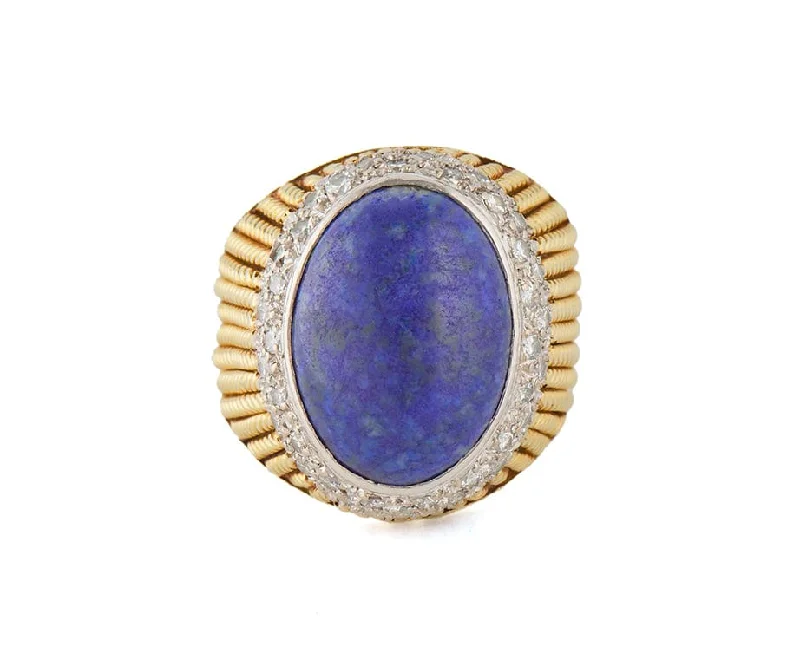 Vintage Lapis Lazuli Cabochon and 0.20ctw Diamond Frame Domed Cocktail Ring 18K