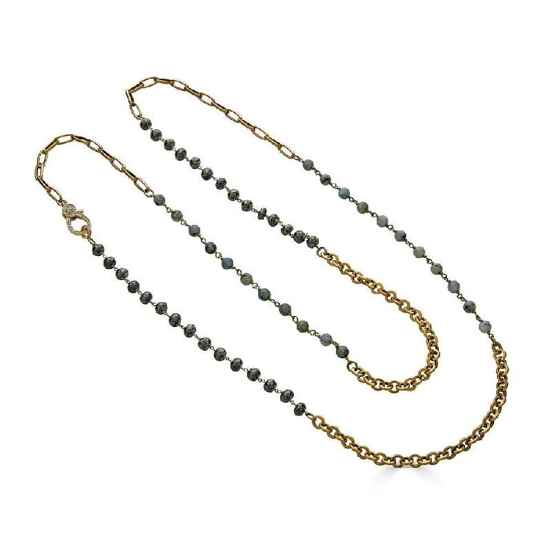 gold mesh bangle bracelet Long Pyrite and Labradorite Gold Necklace